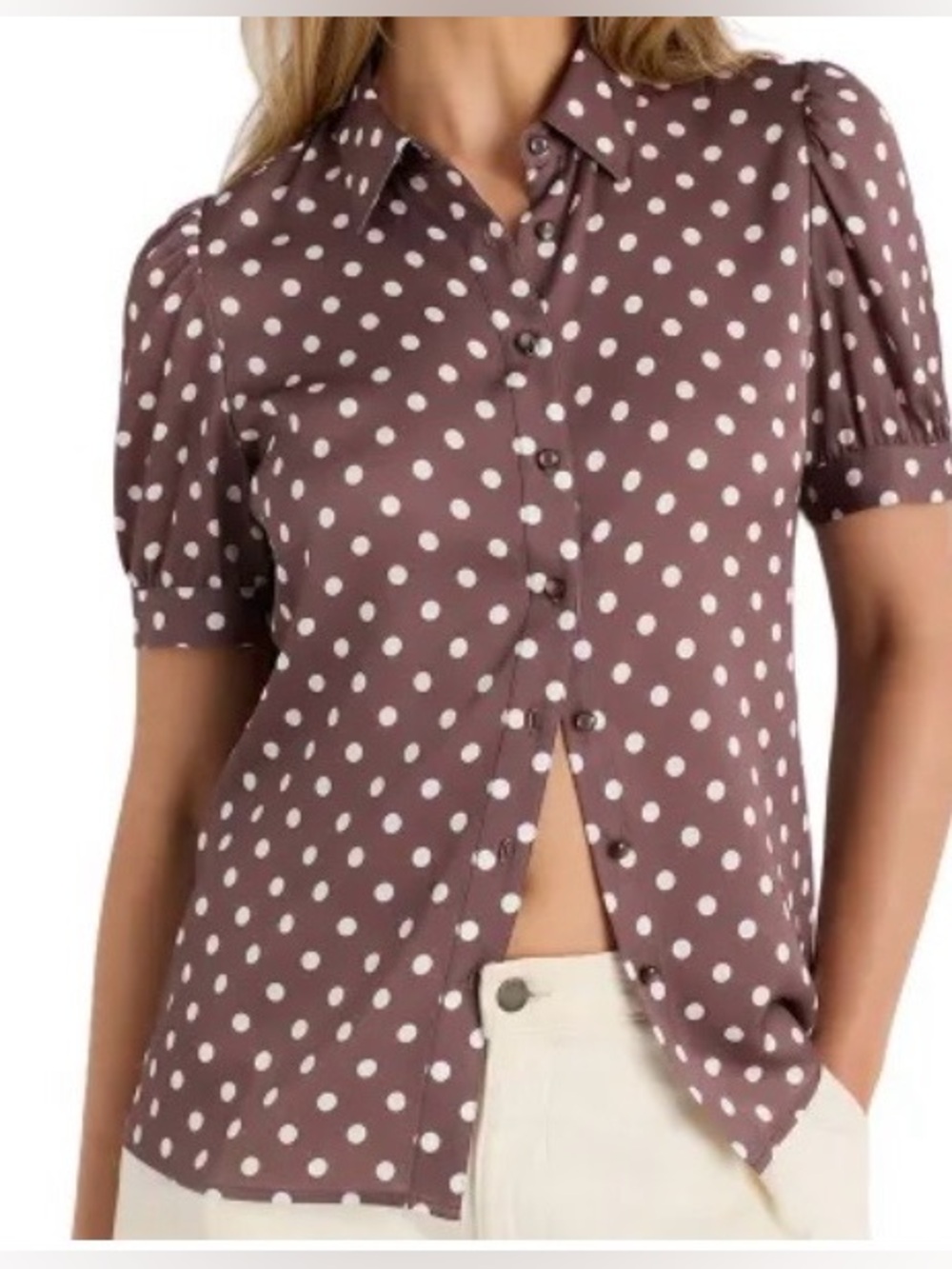 Quince Polka Dot Short Sleeve Button-Up Top with Puff Sleeves